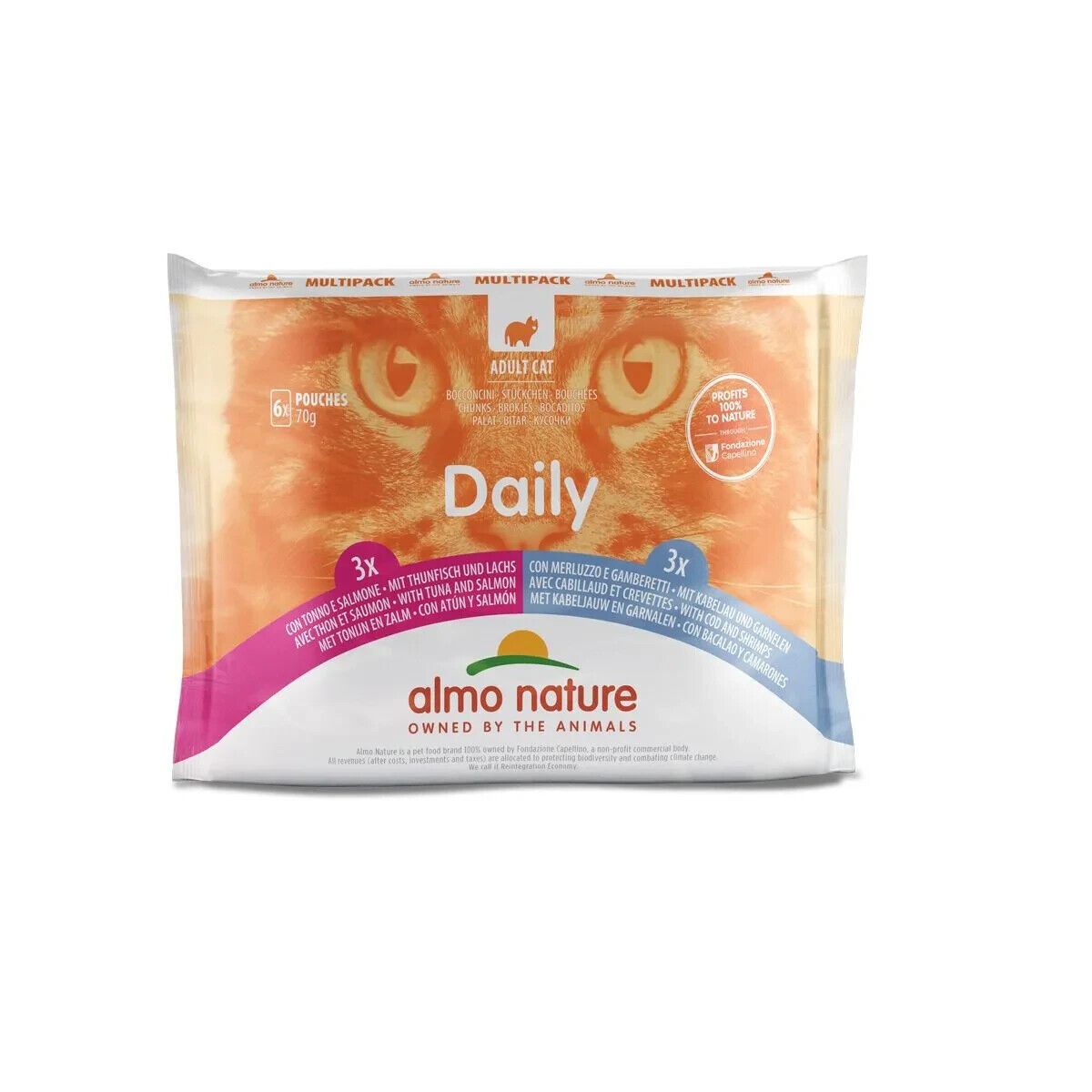 ALMO NATURE DAILY CATS MULTI 6X70G TONNO E SALMONE E CON MERLUZZO E GAMBERI
