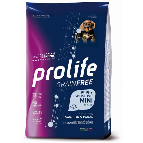 Crocchette per cani Prolife puppy mini grain free sensitive sole pesce e patate