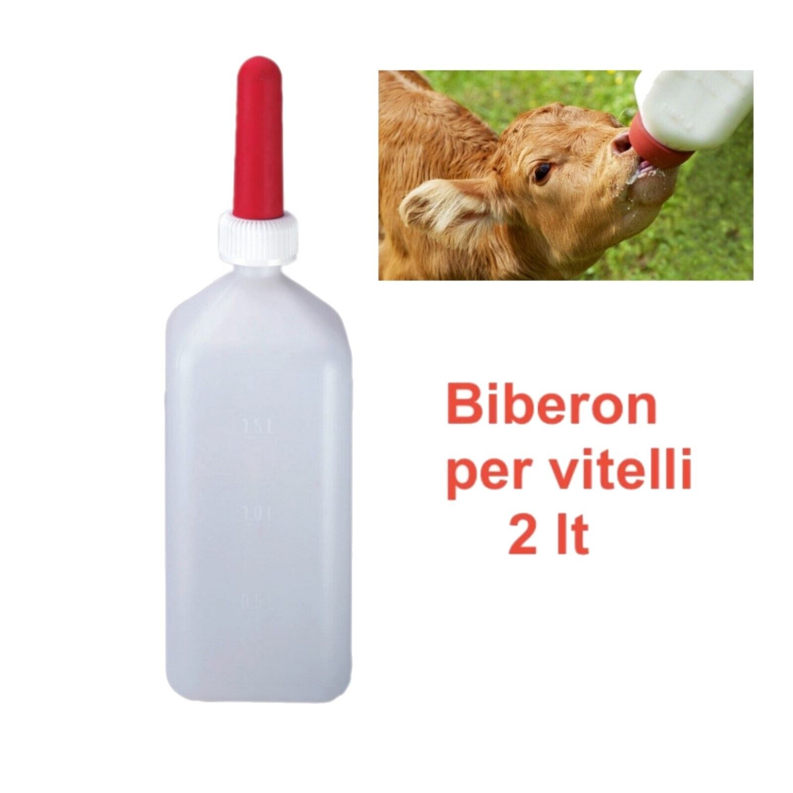 BIBERON BOTTIGLIA DA 2 LT PER ALLATTAMENTO VITELLI TETTARELLA ROSSA SENZA MANICO