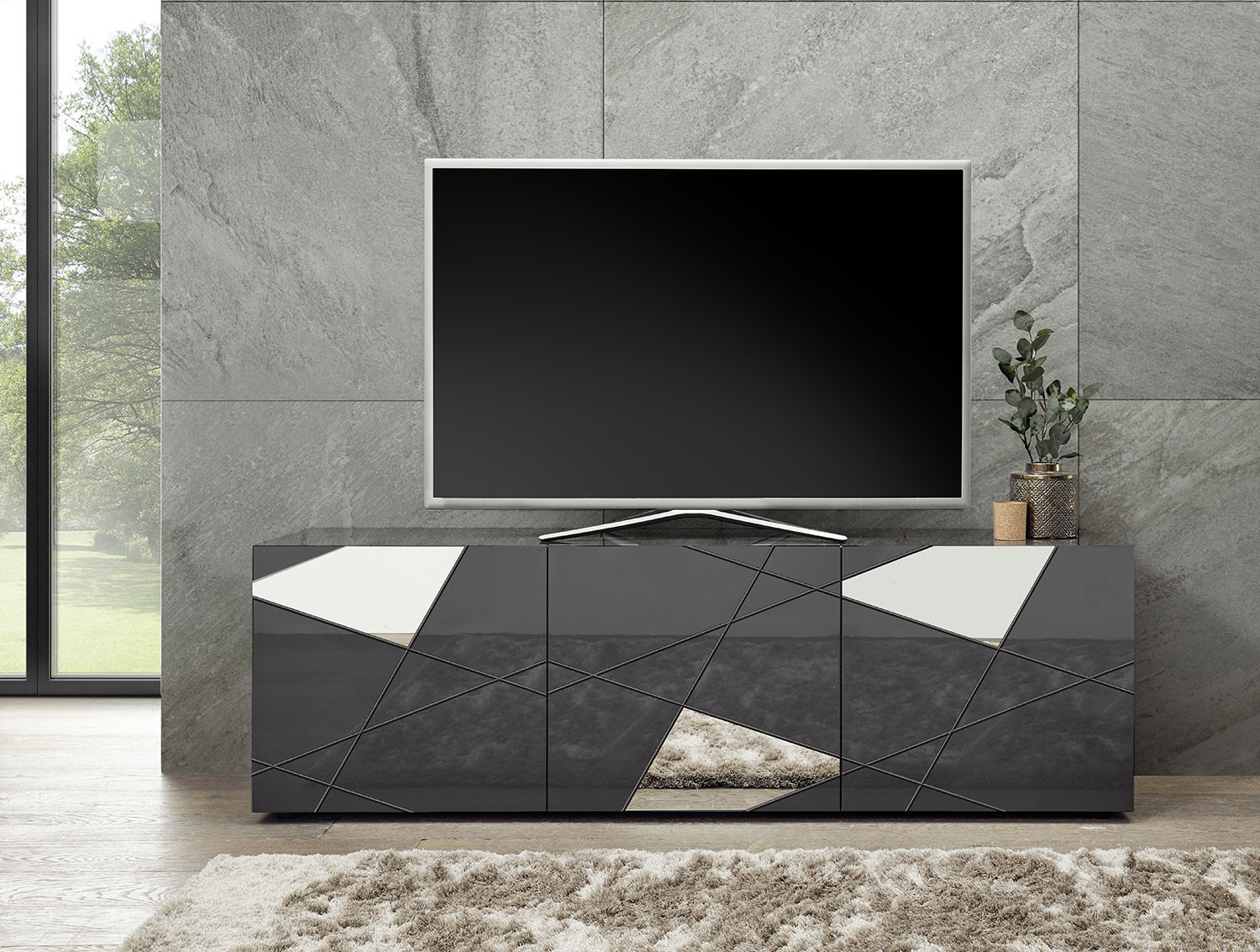 Mobile TV Moderno 3 Ante con Serigrafie e Specchi Vittoria 180,5x40,5x56,5 cm
