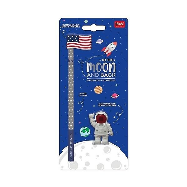 LEGAMI-SET di DUE GOMME E MATITA ASTRONAUTA-To The Moon And BACK-LIM. EDITION