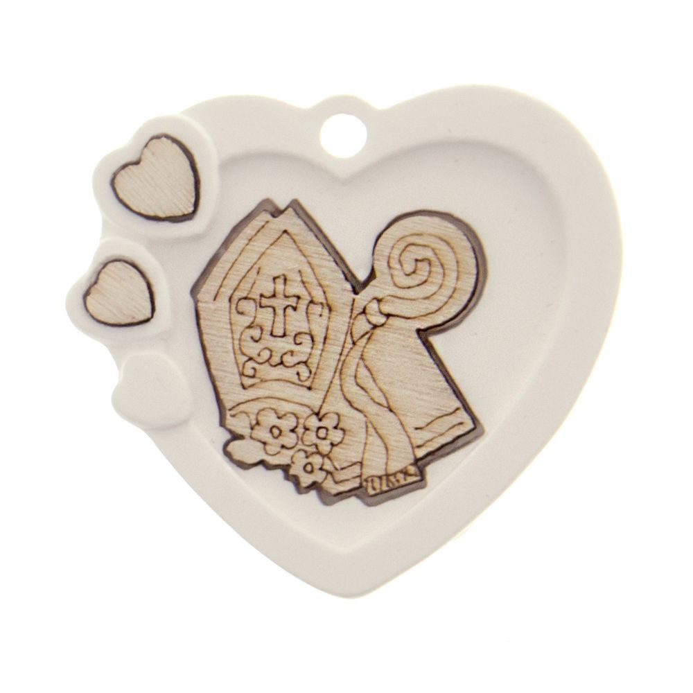 6 PZ Decorazione BOMBONIERA Gessetto CUORE SANTA CRESIMA legno 4 cm 16UV