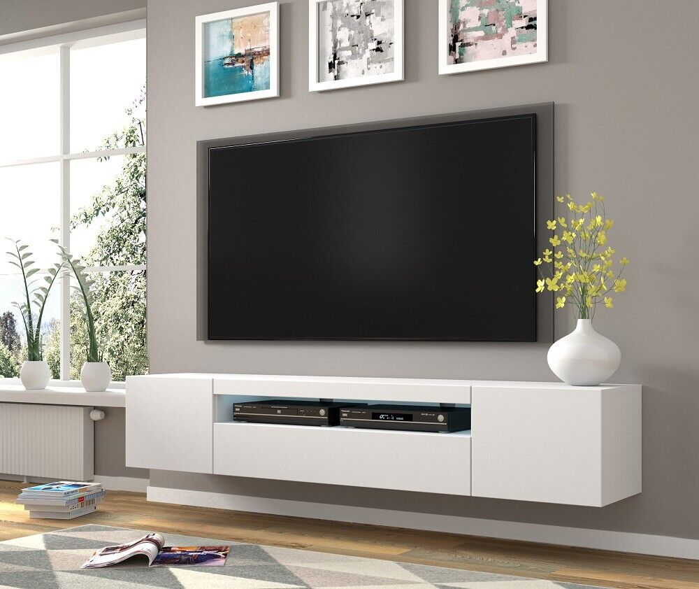 Mobile TV sospeso o a terra Led Incluso 200x42/36x37 Cm STAND AURA Bianco opaco