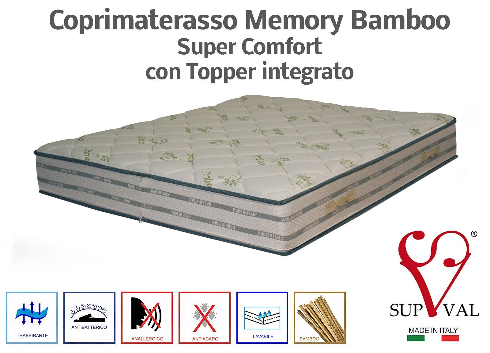 🍀 FODERA COPRIMATERASSO BAMBOO SINGOLO CON TOPPER MEMORY INTEGRATO 80X190X20
