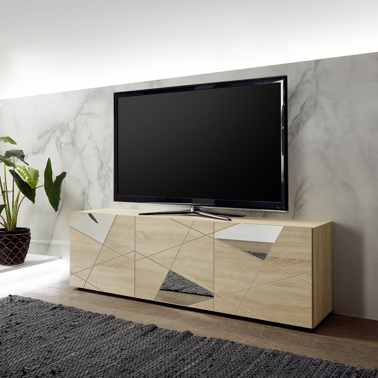 Mobile TV Moderno 3 Ante con Serigrafie e Specchi Vittoria 180,5x40,5x56,5 cm