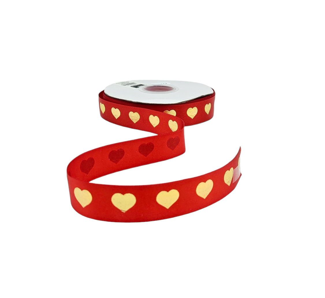NASTRO POLIESTERE 25 mm x 45 Yard ROSSO CON CUORI DORATI PER BOUQUET FIORI