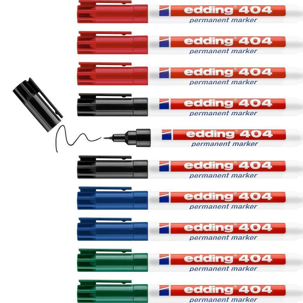 edding 404 permanent marker - black, red, blue, green - 10 pens - fine round nib