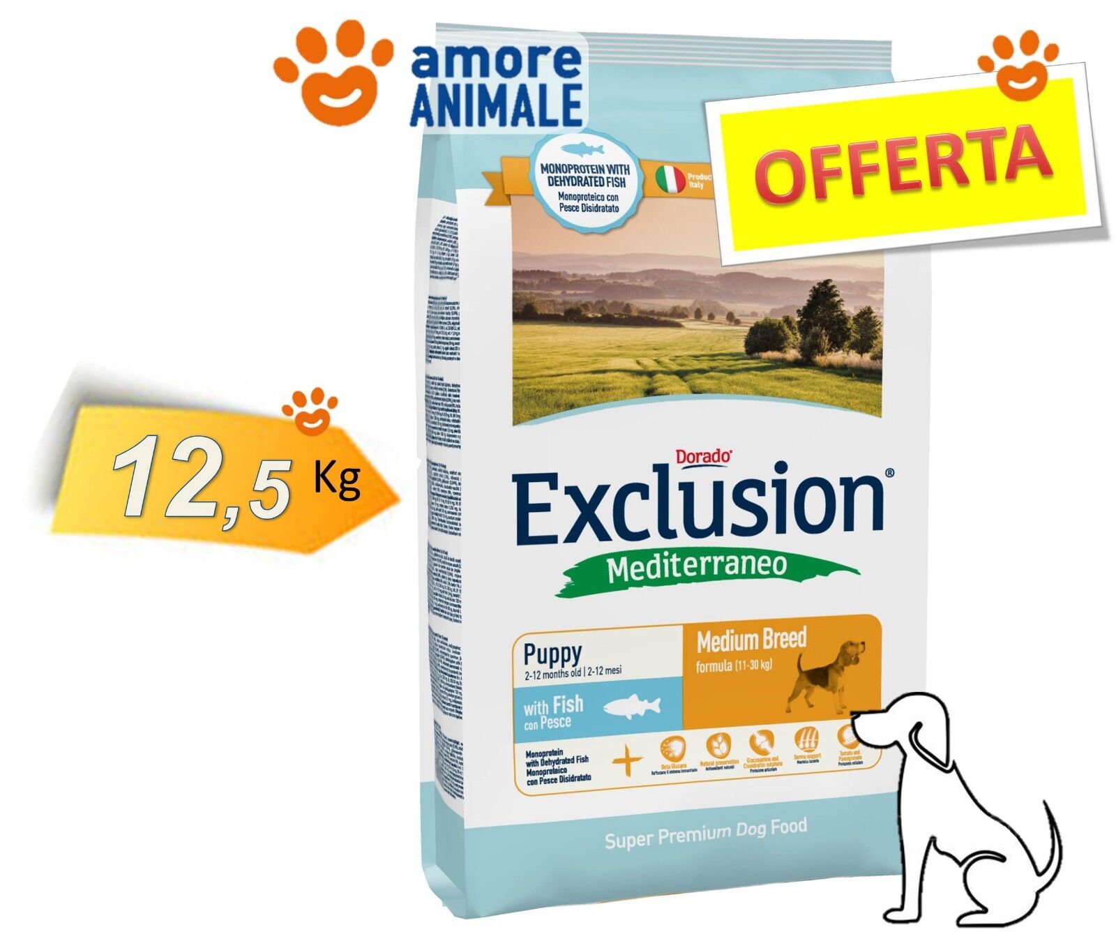 Exclusion Dog Mediterraneo Puppy & Junior Medium Breed con Pesce 12,5 kg - Cani