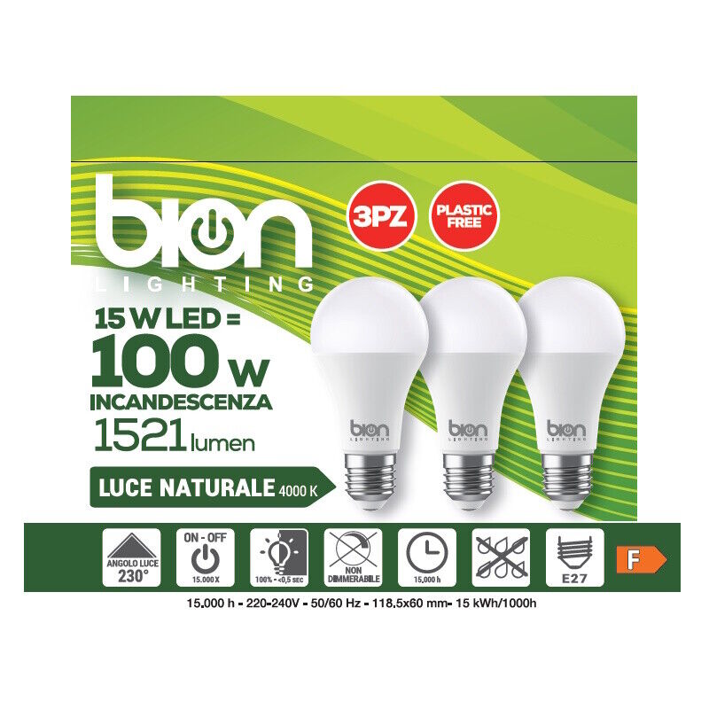 BION bion electrics Set 3 lampadine led a goccia 15 watt, resa 100 watt massima