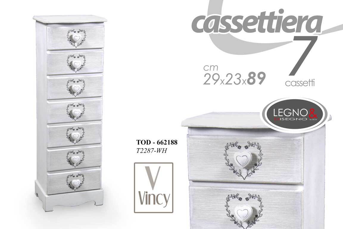 CASSETTIERA CUORE 7 CASSETTI SETTIMINO SLIM SALVASPAZIO SHABBY CHIC 89*29*23 cm