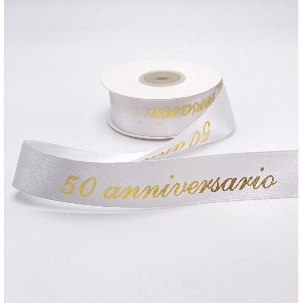 Nastro doppio raso scritta Oro 50 ANNIVERSARIO 25 mm x 25 metri 13RL