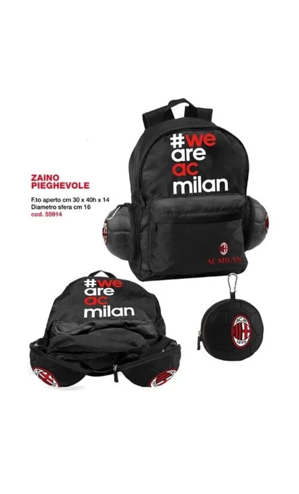 zaino Milan squadra calcio 30x40x14 richiudibile leggero 100G prodotto ufficiale