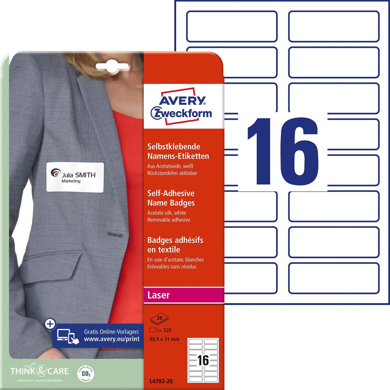 Avery Zweckform L4783 Name Badge Labels, 20 Sheets/320 Labels/88.9 x 31 mm, Whit