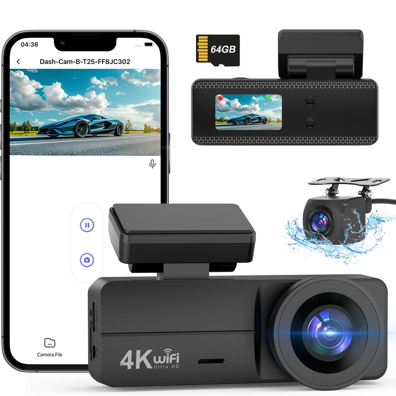 SIGRILL Dash Cam Auto 4K+1080P, Scheda 64GB Inserita, WiFi Telecamera per (O9X)