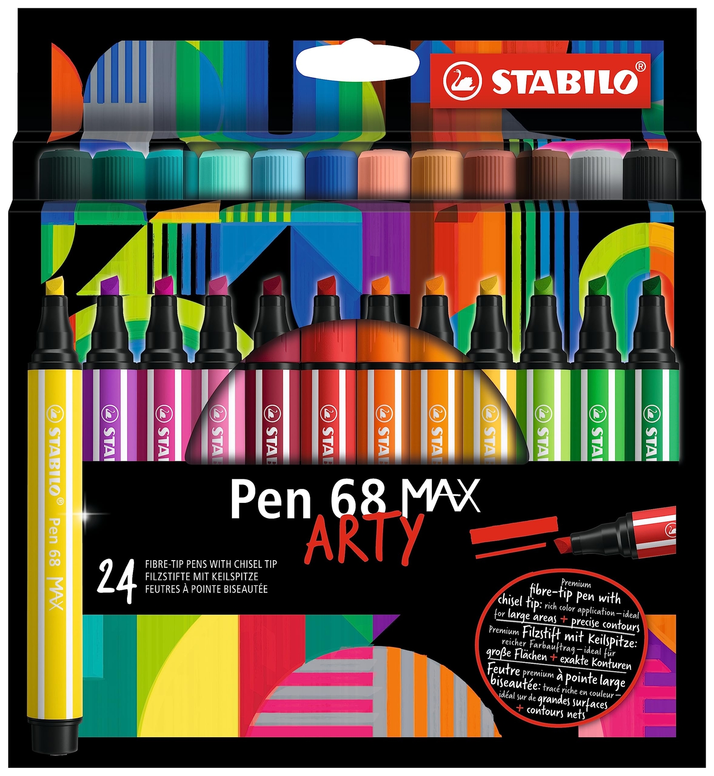 Premium Fibre-Tip Pen with Chisel Tip - STABILO Pen 68 MAX - ARTY - Pack of 24 -