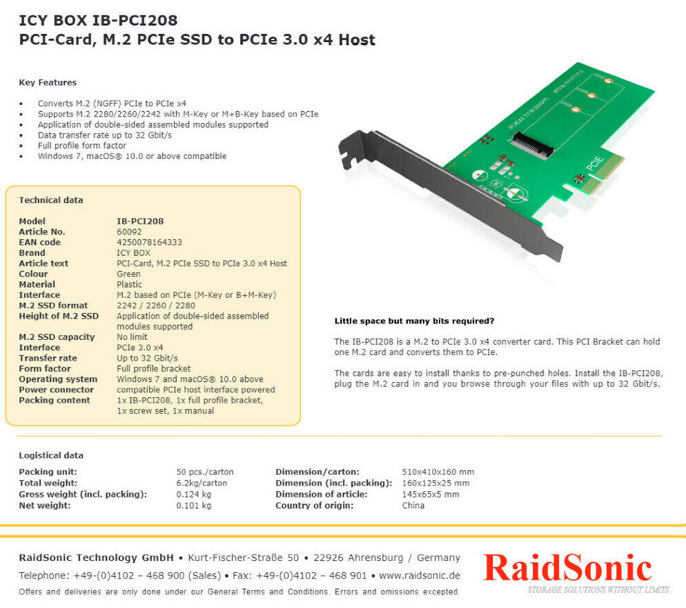 Icy Box IB-PCI208 PCI-Card, SSD PCIe M.2 SATA a host PCIe 3.0 x4