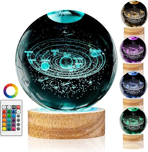 Spurleh Sfera Di Cristallo 3D Planet Luce Notturna 80 Mm Sistema Solare Sfera Di Cristallo 16 Colori Luce Notturna Con Base In Legno, Sfera Di Neve In
