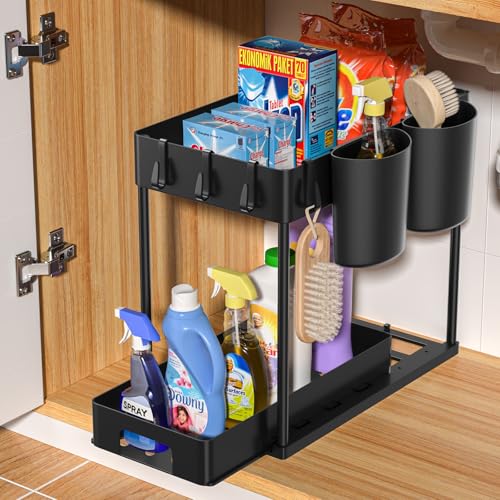 Wvasfd Organizer Sottolavello Cucina 2 Livelli, Portaoggetti Sottolavello Con 4 Ganci E 2 Tazza Appesa, Porta Detersivi Salvaspazio, Organizer Detersi