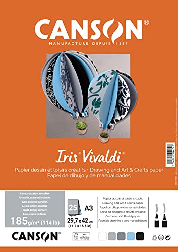 Canson - Confezione Da 25 Fogli Iris Vivaldia3, 185 G/M², Colori Assortiti Grigio