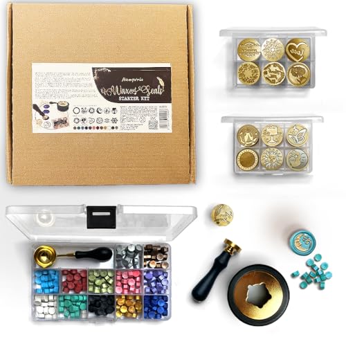 Stamperia - Starter Wax And Seal Set For Scrapbooks, Card Making And More, Includes 12 Colourful Waxes And Spoon, Seal Handle, Two Sets Of 6 Seals, An