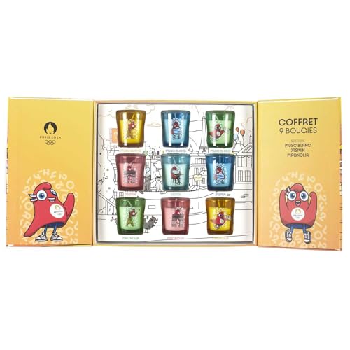 Paris 2024, Cjo6106 - Set Di 9 Candele Profumate Mascotte In Cofanetto, Prodotto Ufficiale Con Licenza, Profumi: Muschio Bianco, Gelsomino E Magnolia,