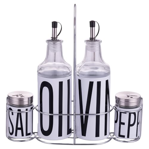 Villa D'Este Home Tivoli Set Condimento Olio, Aceto, Sale E Pepe In Vetro E Acciaio Inox, Stand In Ferro, Bianco, Bigismore