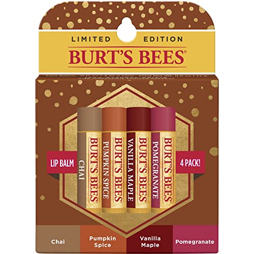 Burt'S Bees Balsamo Per Labbra Idratante Naturale Al 100%, Confezione Autunnale, Tè Chai, Condimento Di Zucca, Vaniglia Acero, Melograno, 4 Tubi Di Ba