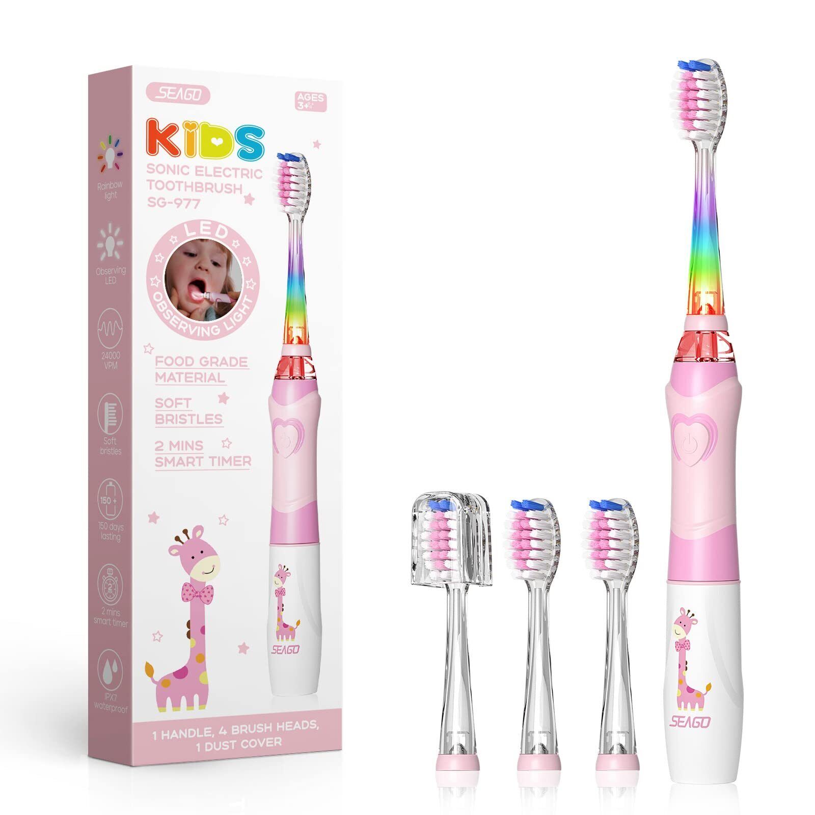 Seago Spazzolino Elettrico Bambini, Luci a LED a Colori e 4 Testine, (g0h)