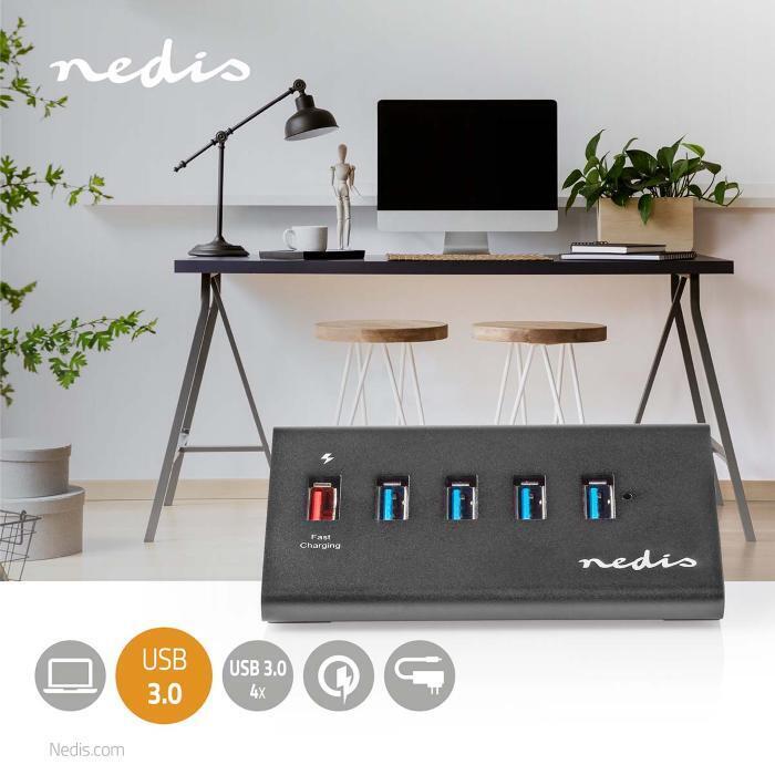 HUB USB NEDIS UHUBUP3510BK 5 PORTE - QC3.0 - USB 3.2 GEN1 - ALIMENTAZIONE A USB