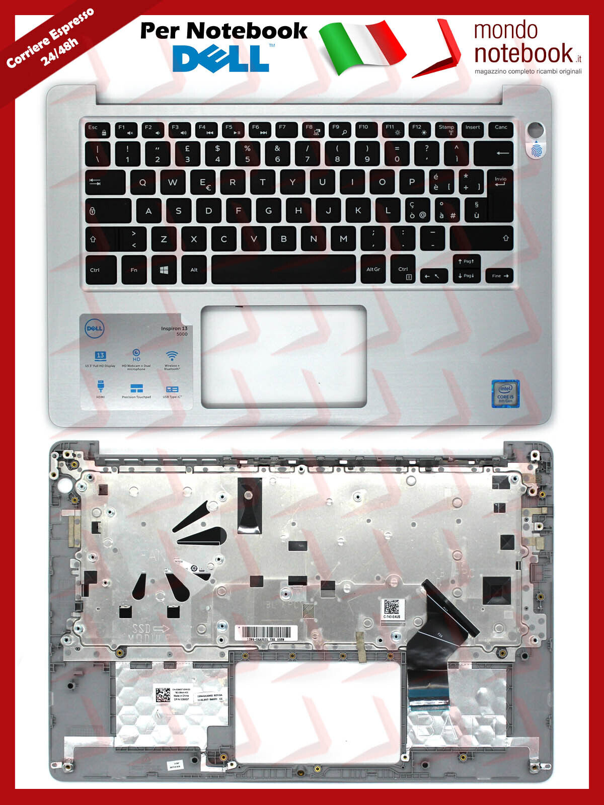 Tastiera con Top Case DELL Inspiron 13-5000 5370 (Grigia) Italiana
