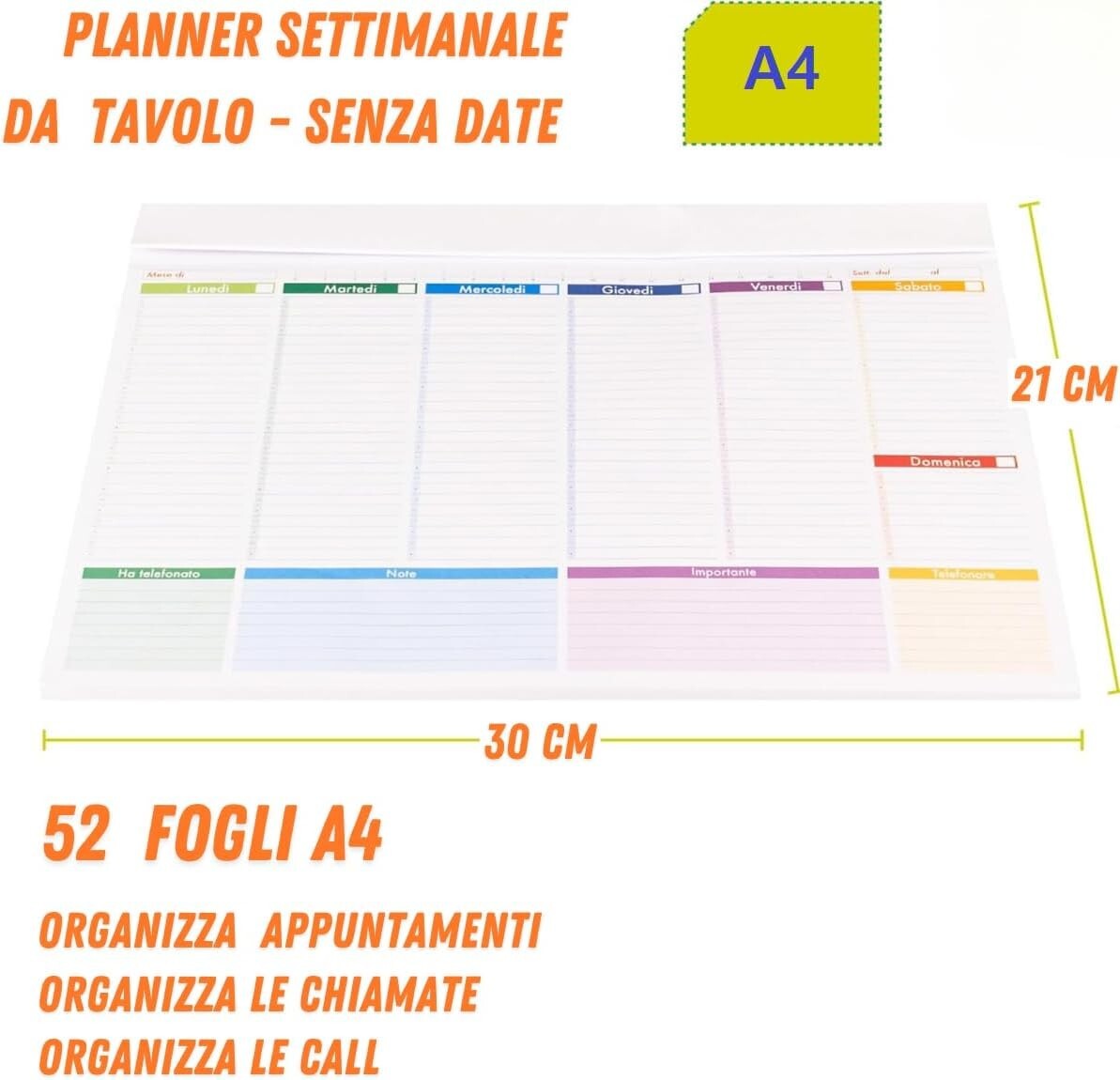 Planner Settimanale A4 Planner Da Scrivania 52 Fogli senza Data