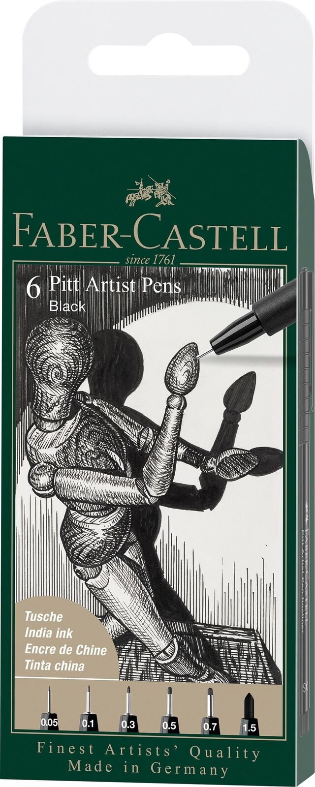 Faber-Castell PITT Artist Pen India Ink Pen - wallet of 6 - colour 199 black - X