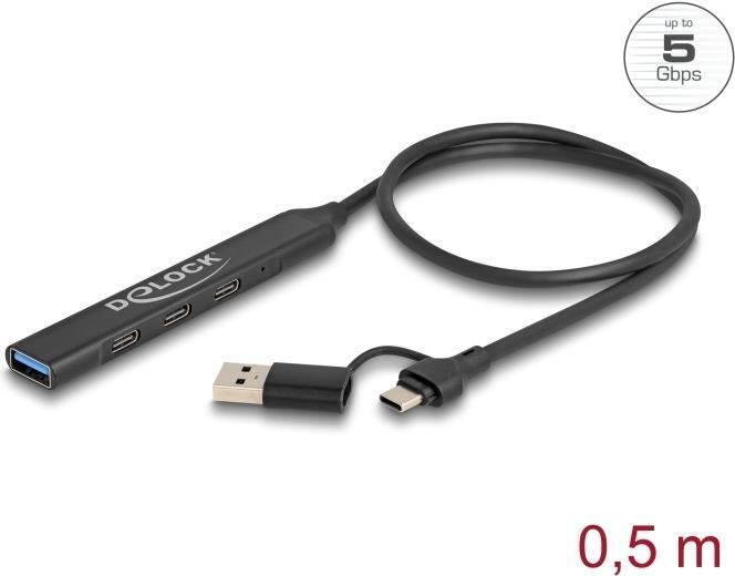 Delock Hub USB sottile a 4 porte con USB Tipo-C o USB Tipo-A a 3 x USB 5 Gbps US