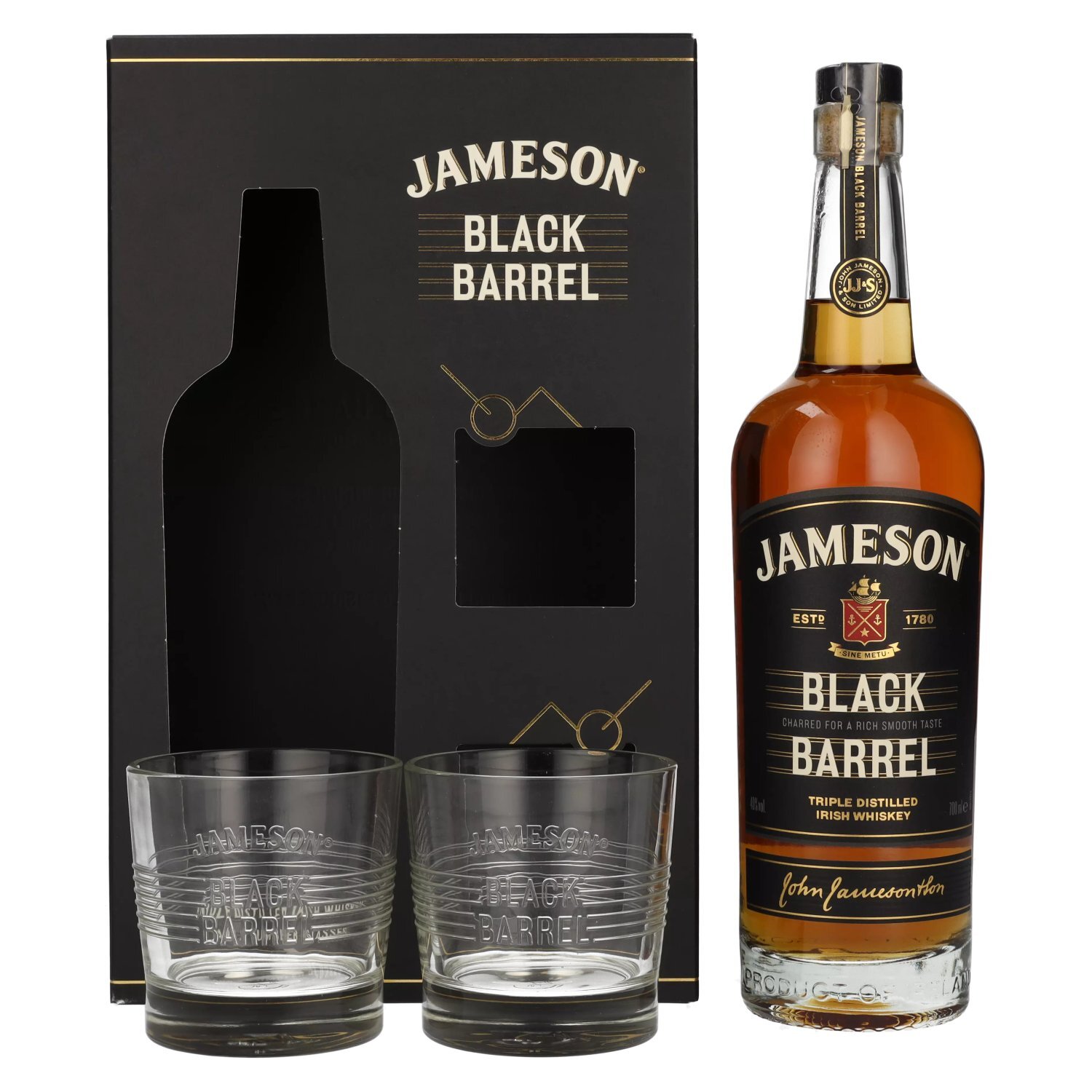 Jameson BLACK BARREL Triple Distilled Irish Whiskey con 2 bicchieri
