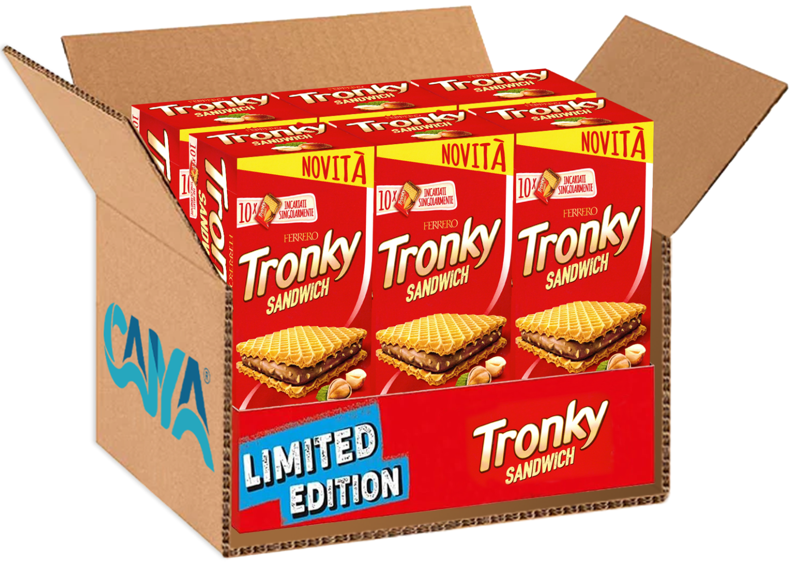 6X Tronky Sandwich, Nuovo Croccante Wafer con Ripieno al Cacao e Nocciola 220g
