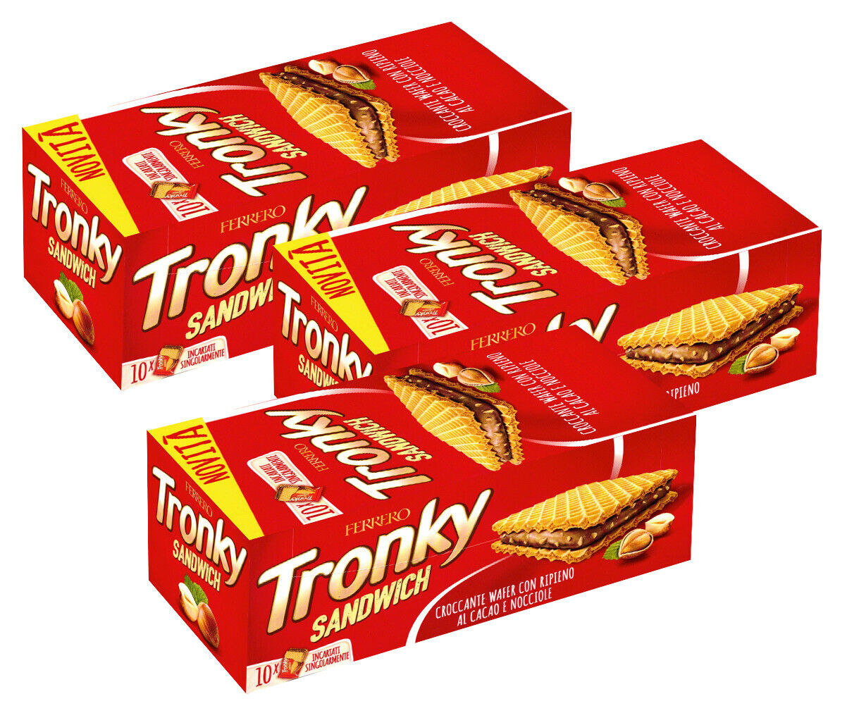 3X Tronky Sandwich, Nuovo Croccante Wafer con Ripieno al Cacao e Nocciola 220g