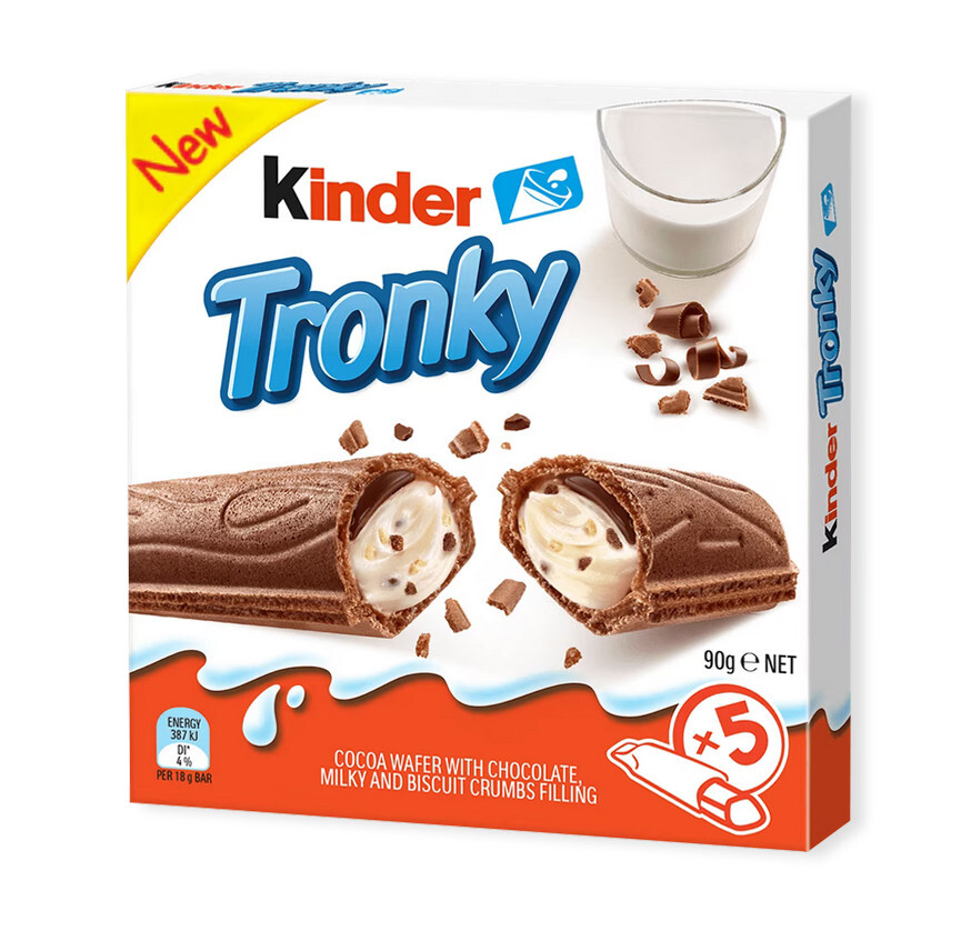 Kinder Tronky Wafer al Cacao Ripieno Cremoso al Latte con Pezzi di Biscotto 90g