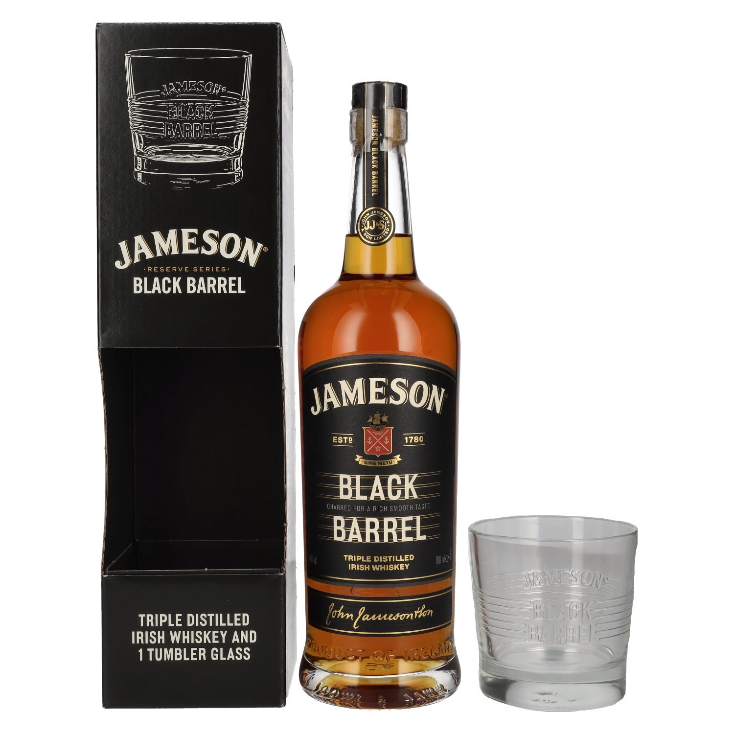 Jameson BLACK BARREL Triple Distilled Irish Whiskey con bicchiere
