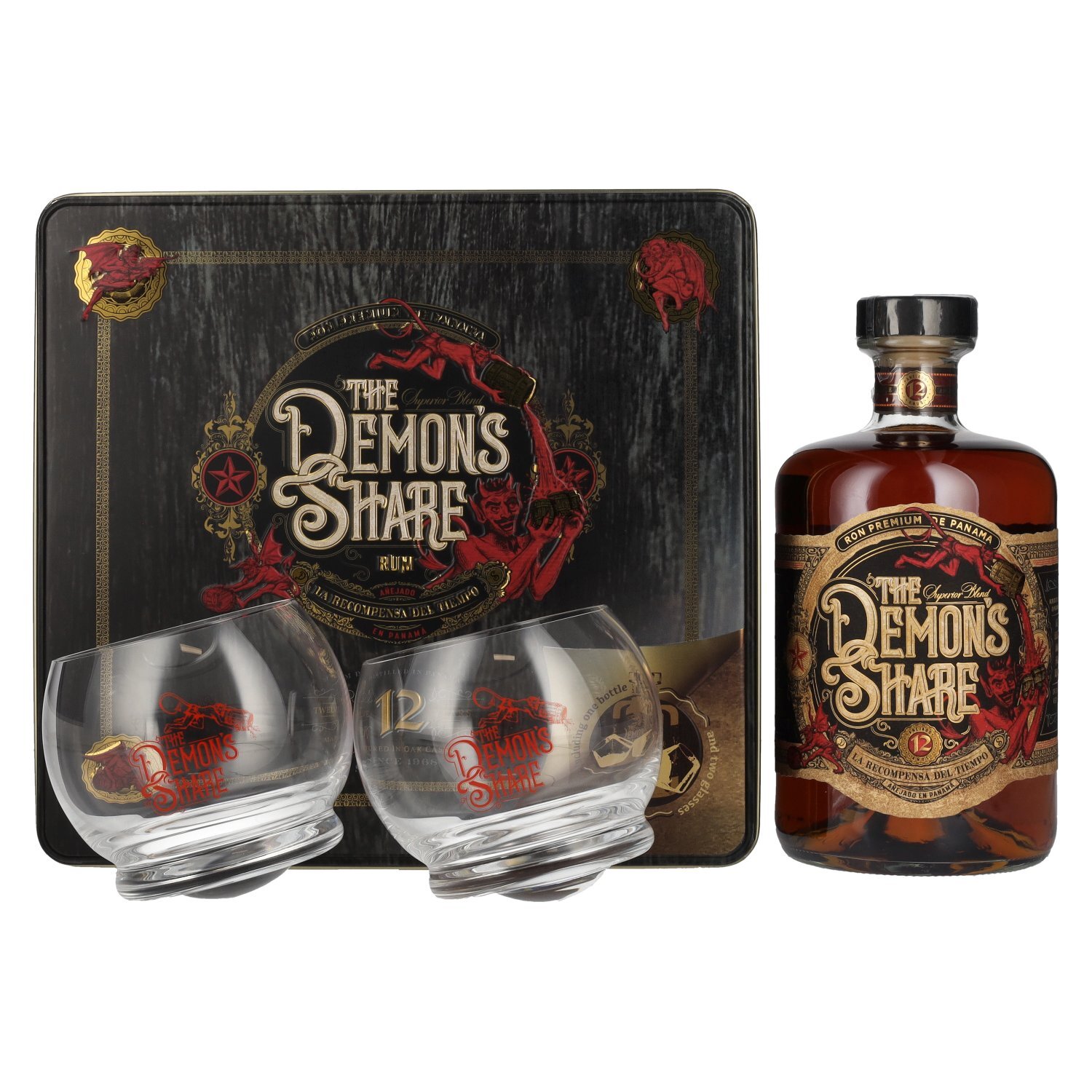 The Demon's Share Superior Blend Rum 12 Years Old con 2 bicchieri