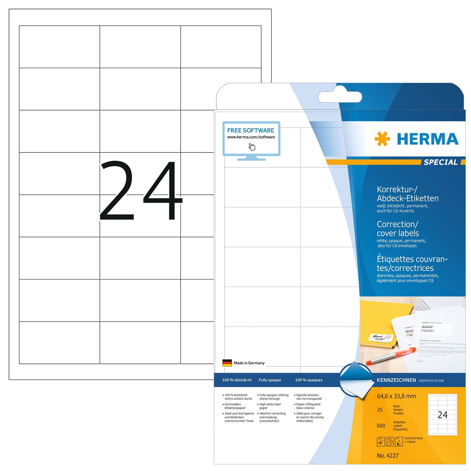 HERMA Self Adhesive Correction Labels, 24 Labels Per A4 Sheet, 600 Labels for La