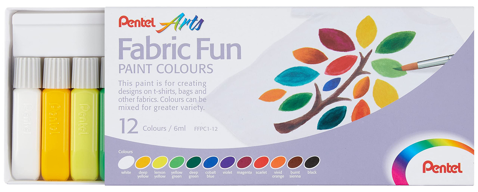Pentel FFPC1 Fabric Fun Paint Colours, Tube Fabric Colors, Base Colour Set 12 Pc