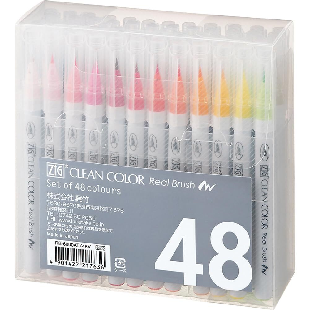Kuretake ZIG Real Brush Pen Clean Color Set Di 48 Colori RB-6000AT/48V NUOVO