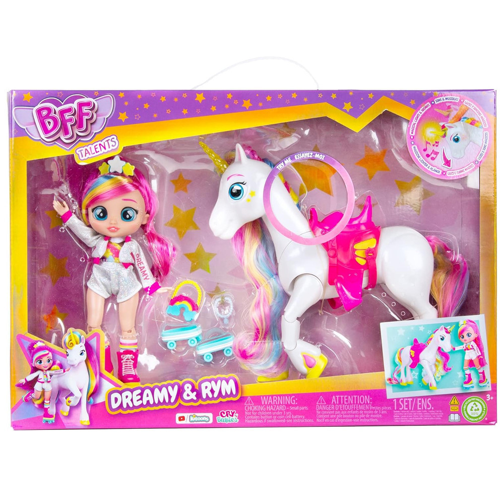 CRYBABIES BFF TALENTS DREAMMY & RYM BAMBOLA CAPELLI ARCOBALENO CON UNICORNO CAVA