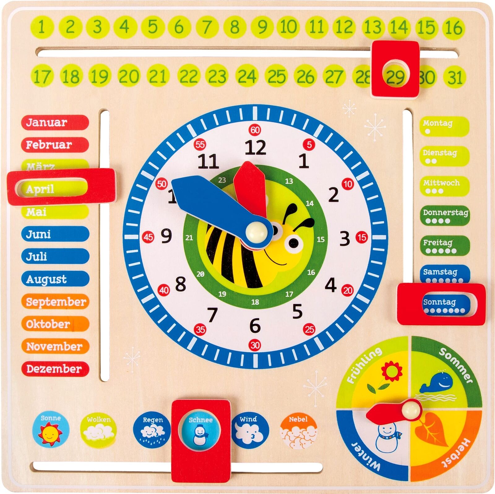 small foot 4765 wooden learning clock "busy bee", learning board for date, time