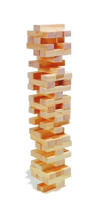 Torre traballante tipo Jenga, 54 pezzi in legno cm 7,5x2,5x1,5, totale cm 26x8x8