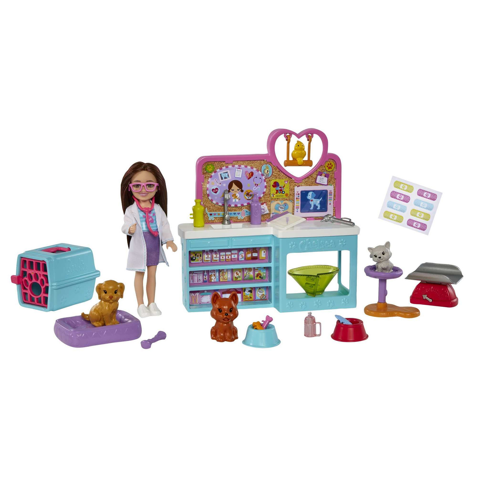 Barbie Chelsea Doll and Accessories, Pet Vet Playset with Doll, 4 Animals and 18