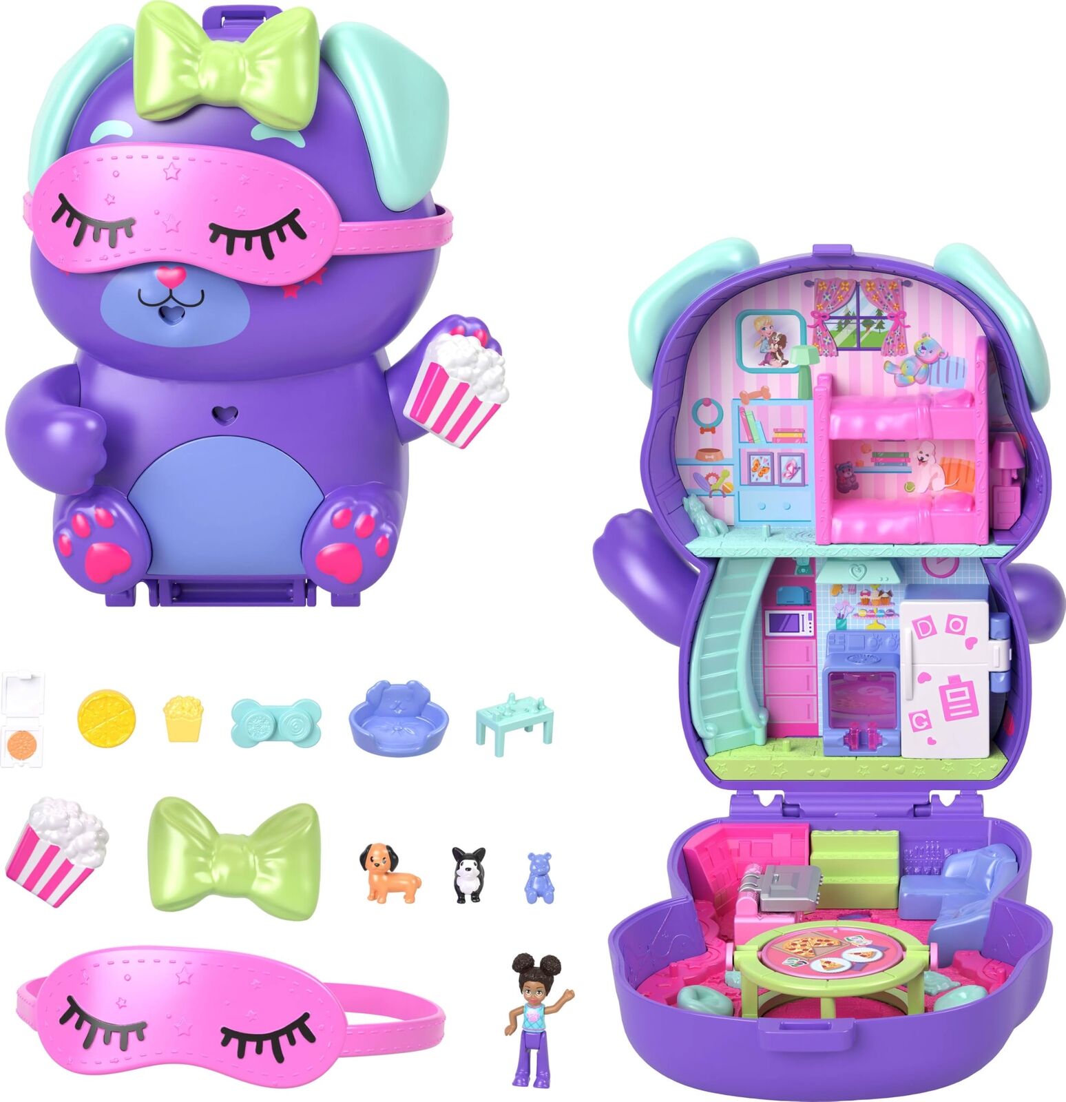 Polly Pocket Dolls and Playset, Sleepover Puppy Compact, Travel Toy with 1 Micro
