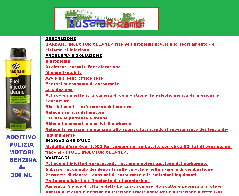 BARDAHL 101023  ADDITIVO BENZINA PULIZIA INIETTORI FUEL INJECTOR CLEANER 300ml