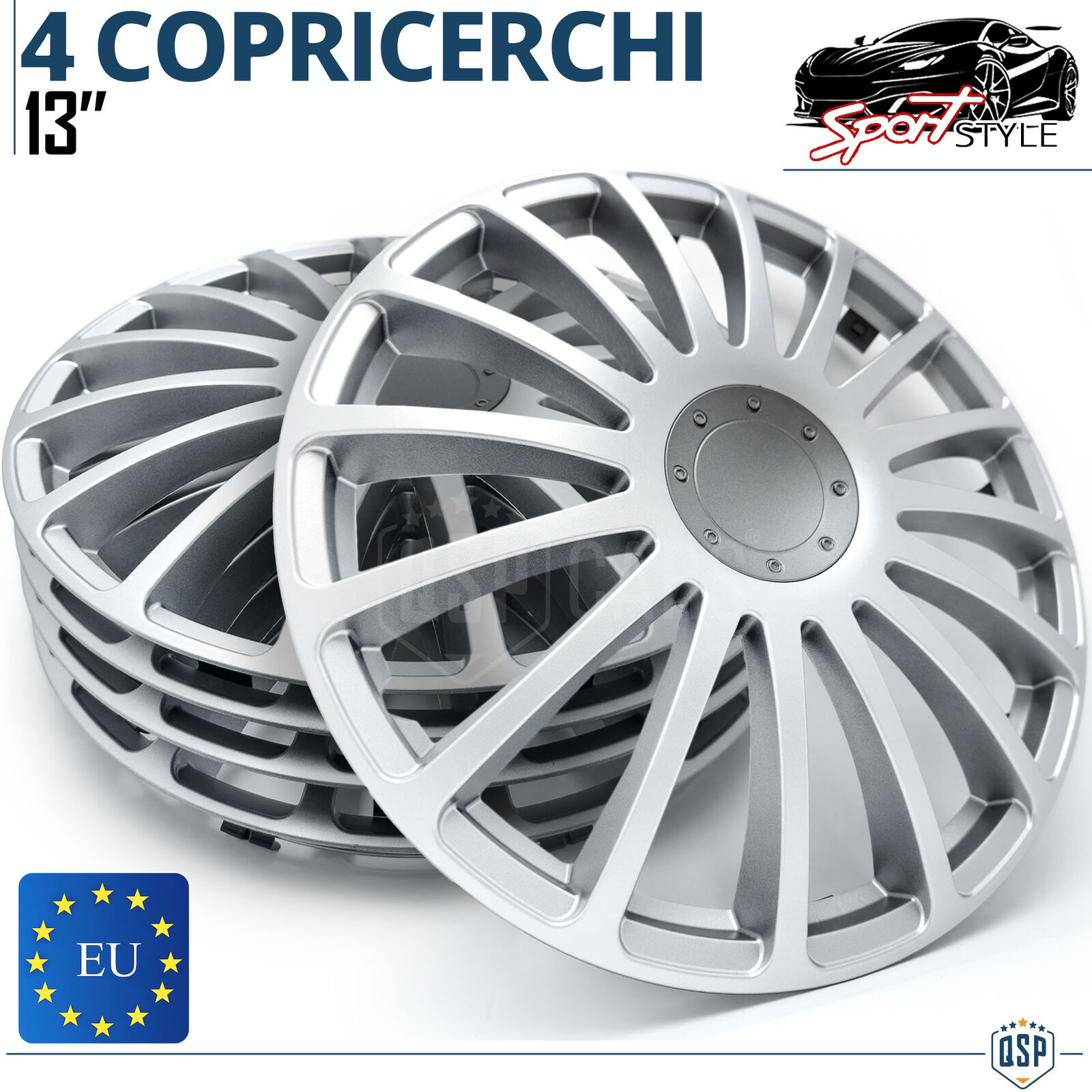 4 Copricerchi Auto 13 Pollici Universali Coppette Silver 16 Razze MADE in EU