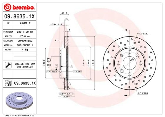 COPPIA DISCHI FRENO BREMBO 09.8635.1X  per OPEL CORSA C (X01), CORSA C Furgone/h